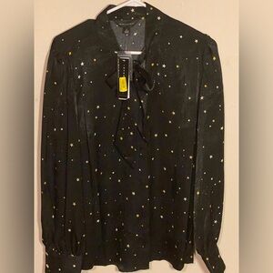 Investments Black Satin Blouse w/ Gold Stars – Self-Bow Neck (NWT, Size L)